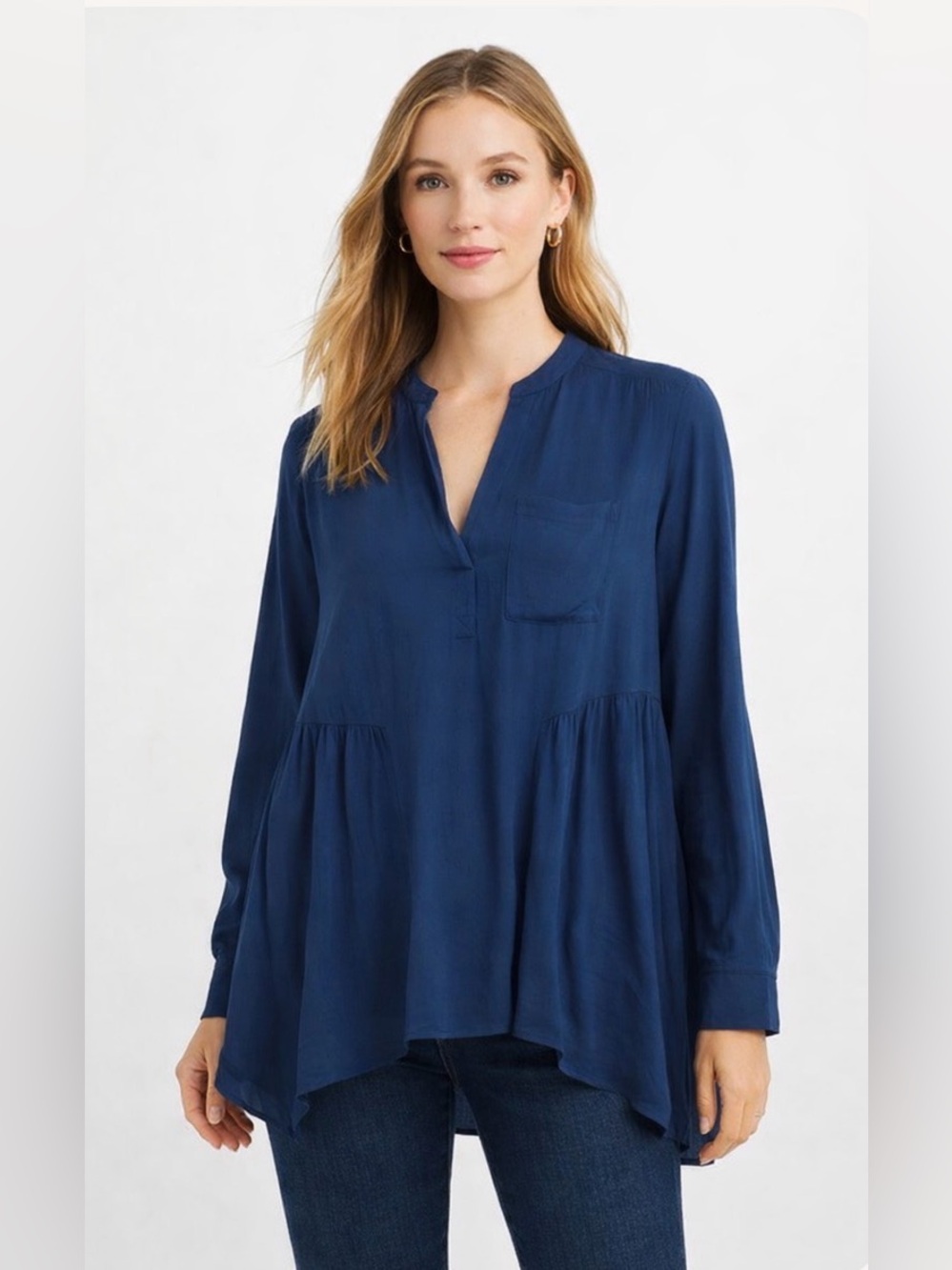 Maeve Anthropologie Laiken Henley Long Sleeve Navy Blue Flowy Blouse